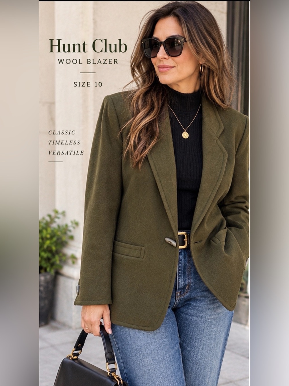 Hunt Club Vintage Merino Wool Olive Green Blazer Jacket Size 10 Equestrian